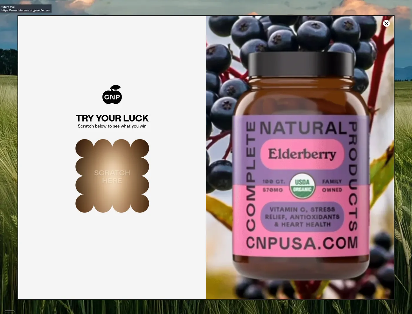 CNP popup: Try Your Luck, scratch here, next to product photography of an elderberry supplement