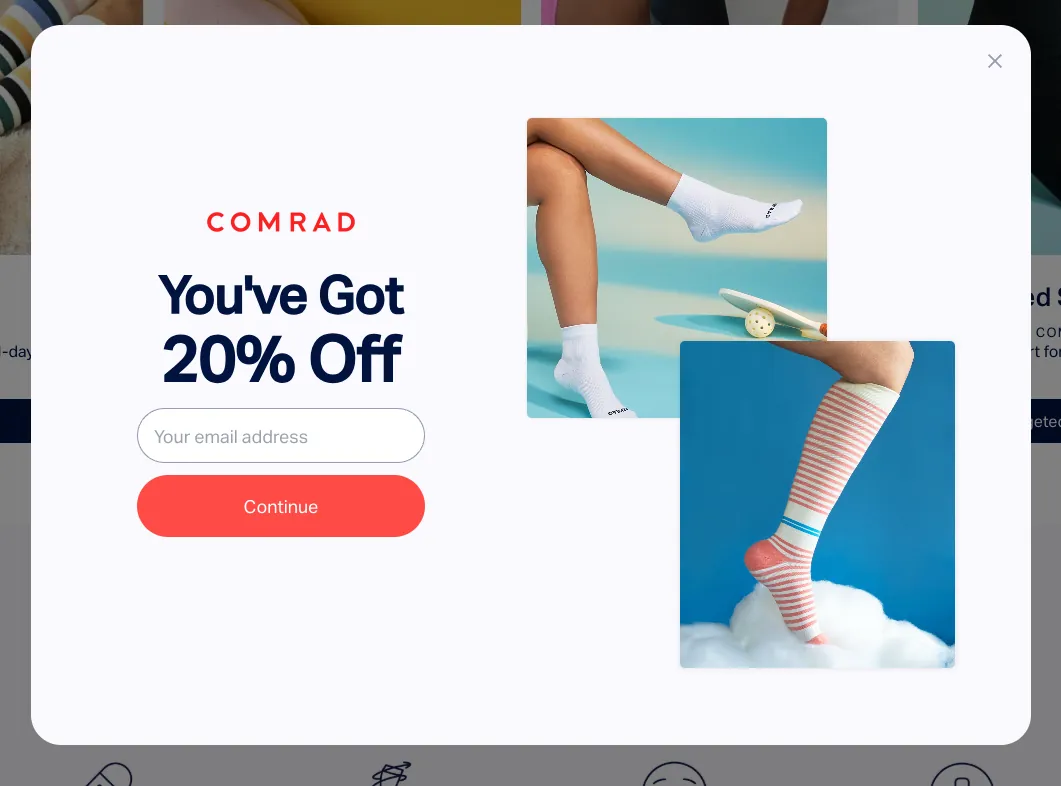 Comrad popup, second screen: email field and continue button