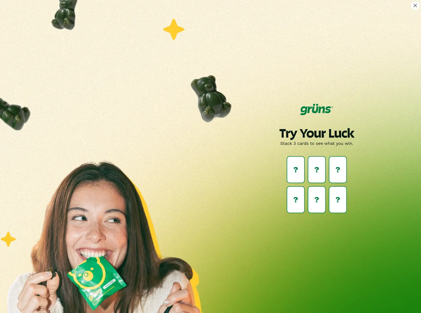 Grüns popup: Try Your Luck, stack 3 cards to see what you win, six face-down cards
