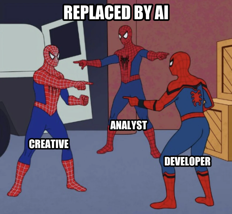 The three-Spider-Man pointing meme, each figure labelled creative, analyst and developer, under the title: replaced by AI.