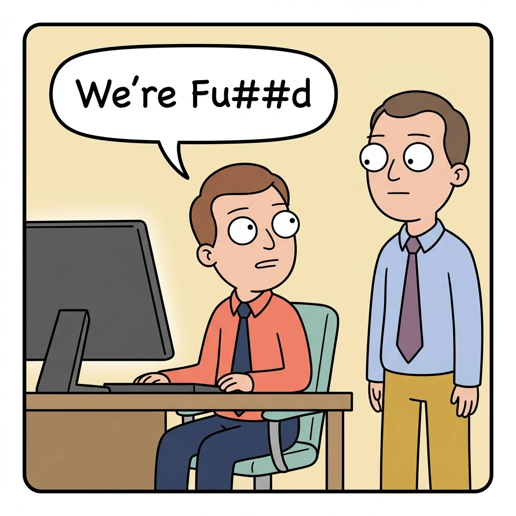 Two cartoon coworkers at a desk. The seated one turns to the one standing and says: we're fu##d.